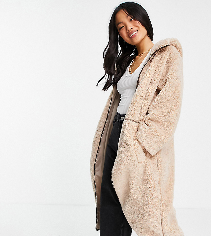ASOS DESIGN Petite fleece coat with contrast stitching in camel-White