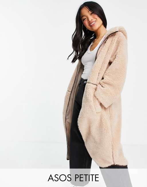 ASOS DESIGN Petite fleece coat with contrast stitching in camel ASOS