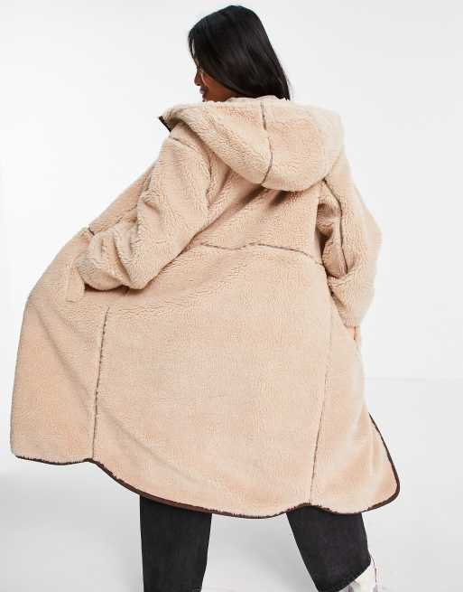 ASOS DESIGN fleece coat with contrast stitching in camel