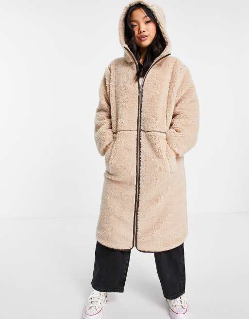 ASOS DESIGN fleece coat with contrast stitching in camel