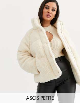 ASOS DESIGN Petite fleece puffer jacket in cream | ASOS