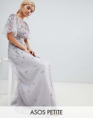 Floral embroidered dobby mesh flutter sleeve maxi outlet dress