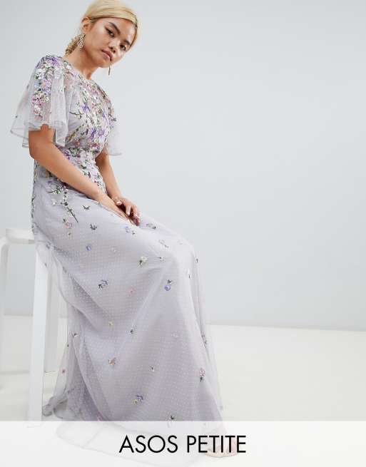 Asos design tall floral embroidered 2024 dobby mesh flutter sleeve maxi dress