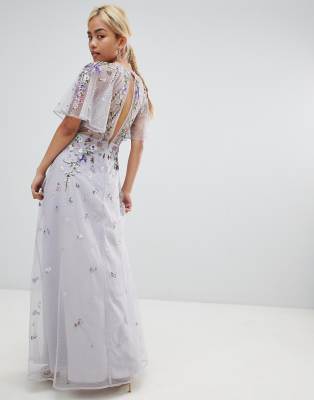 asos design floral embroidered dobby mesh flutter sleeve maxi dress