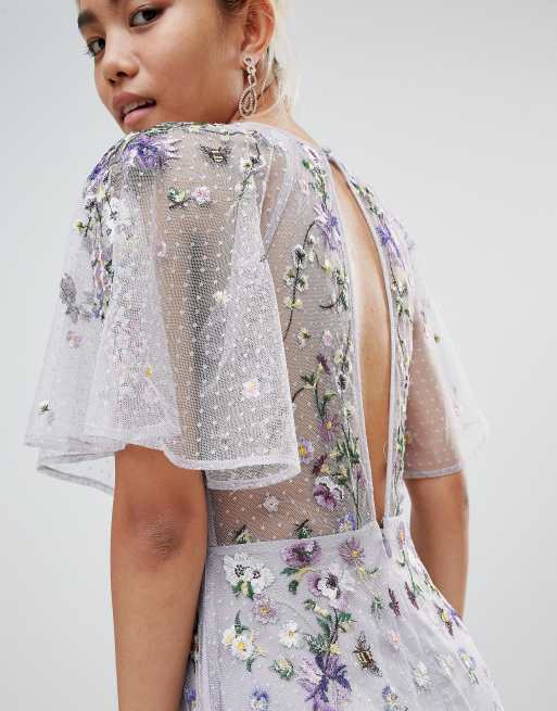 Asos edition wedding floral embroidered store dobby mesh flutter sleeve maxi dress