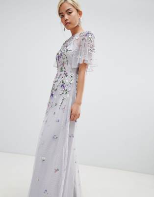 asos design tall floral embroidered dobby mesh flutter sleeve maxi dress