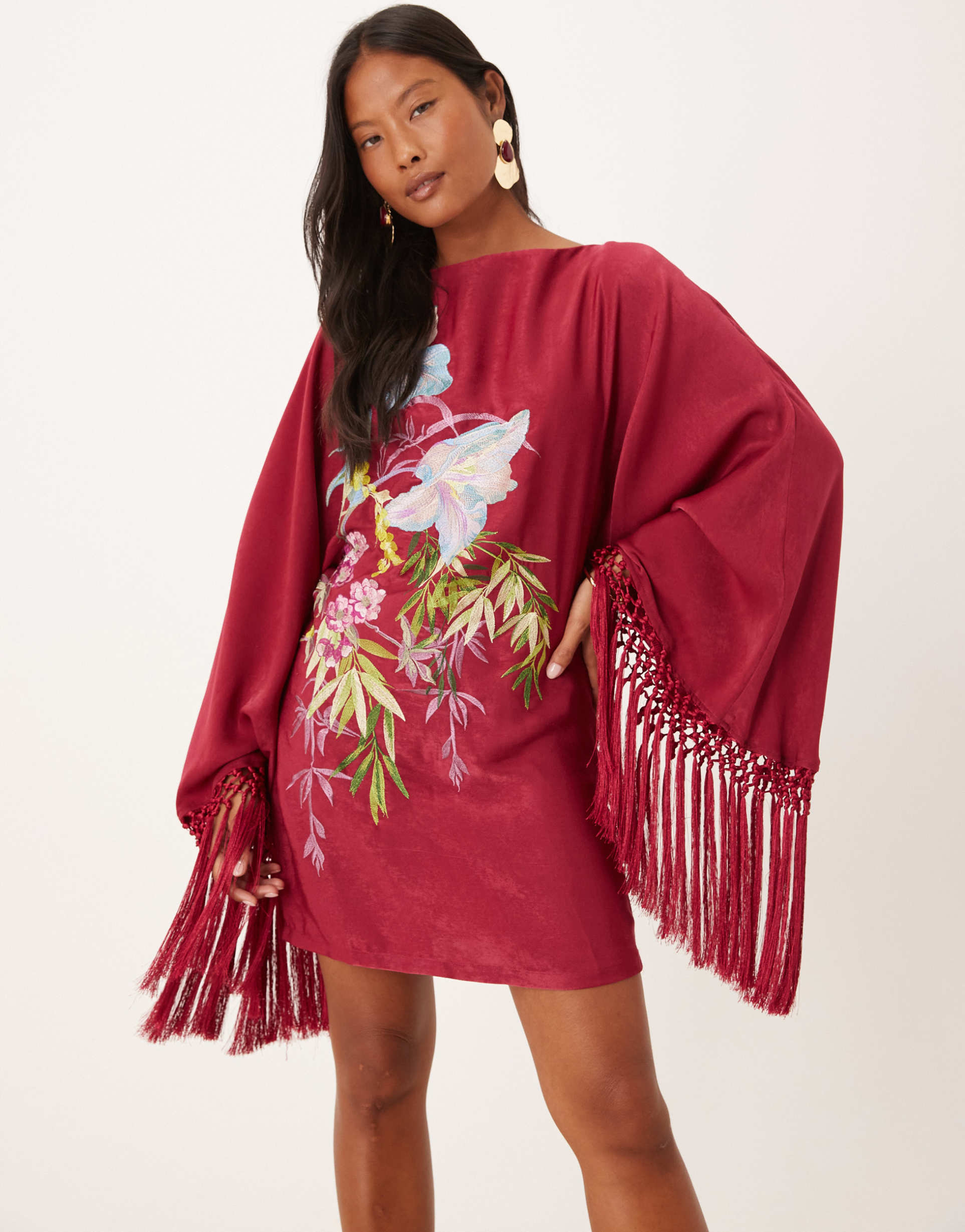 asos design petite floral embroidered long sleeve mini dress with fringing in pink