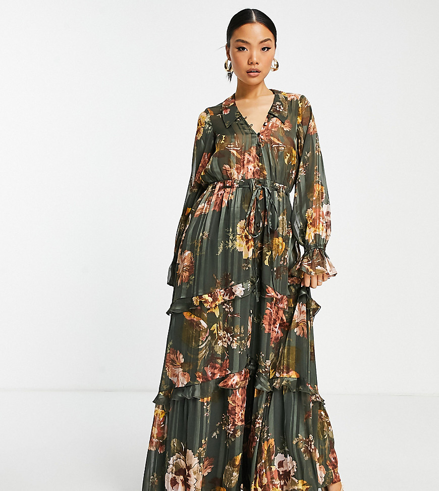 Asos Design Petite Floral Tiered Maxi Dress With Tie Front In Satin Stripe-Multi