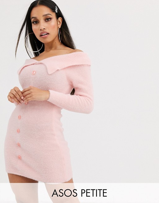 ASOS DESIGN Petite fluffy bardot knit mini dress