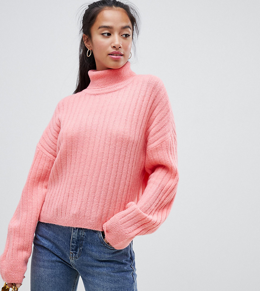 ASOS DESIGN Petite fluffy jumper in rib with roll neck-Pink