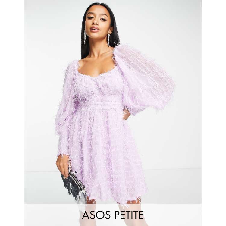 ASOS DESIGN Petite fluffy mini dress with ruched bust and shirred cuffs in  lilac