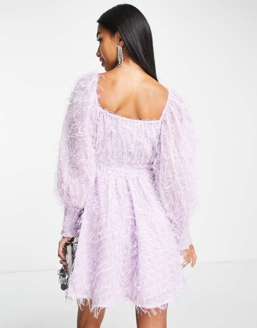 ASOS DESIGN Petite fluffy mini dress with ruched bust and shirred cuffs in  lilac