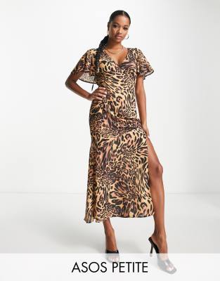 Asos Petite Asos Design Petite Fluted Sleeve Midi Dress With Cut Out Back In Animal Print-multi