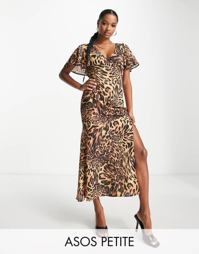 ASOS DESIGN Petite fluted sleeve midi dress with cut out back in animal print