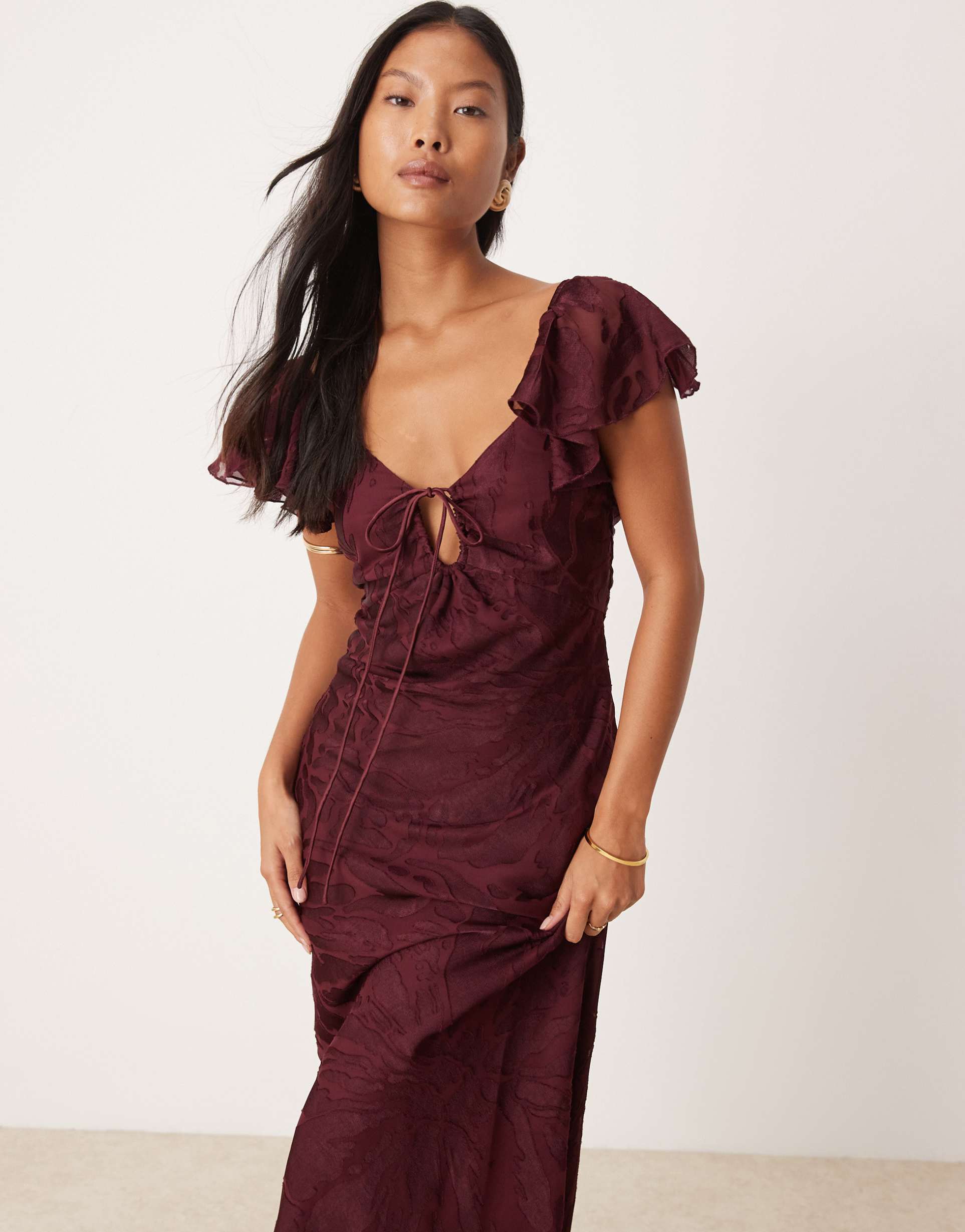 asos design petite flutter sleeve burnout maxi dress in aubergine