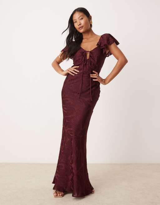 ASOS DESIGN Petite flutter sleeve burnout maxi dress in aubergine, 3 of 4