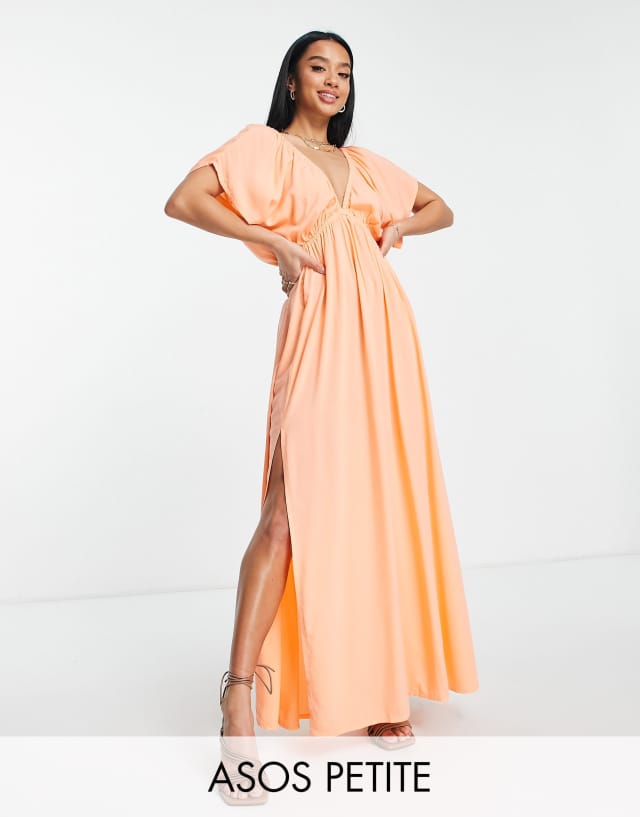 ASOS DESIGN Petite flutter sleeve maxi beach dress in coral