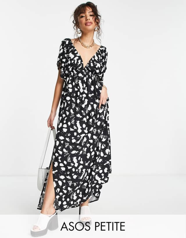 ASOS DESIGN Petite flutter sleeve maxi beach dress in mono spot print