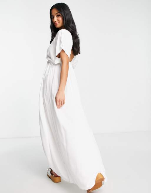 ASOS DESIGN Petite flutter sleeve maxi beach dress in white | ASOS