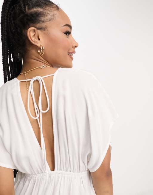 ASOS DESIGN Maternity plunge tie waist kimono sleeve crinkle beach cover up  in white, ASOS