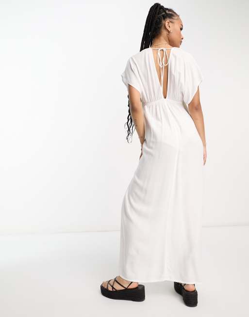 ASOS DESIGN Petite flutter sleeve maxi beach dress with channelled tie  waist in white