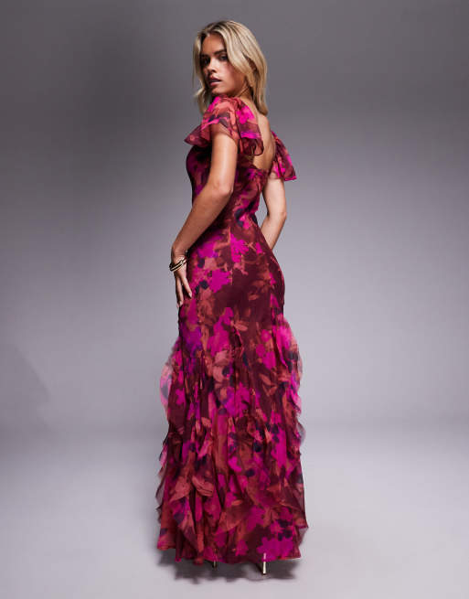 ASOS DESIGN Petite flutter sleeve maxi dress with ruffle godets in bright pink floral print