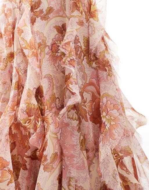 ASOS DESIGN Petite flutter sleeve maxi dress with ruffle godets in pink floral print