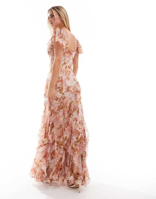 ASOS DESIGN Petite flutter sleeve maxi dress with ruffle godets in pink floral print