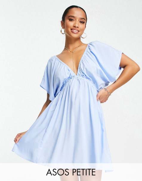 ASOS DESIGN Petite flutter sleeve mini beach dress in powder blue 