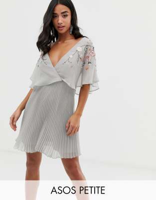 asos design petite pleated embroidered mini dress