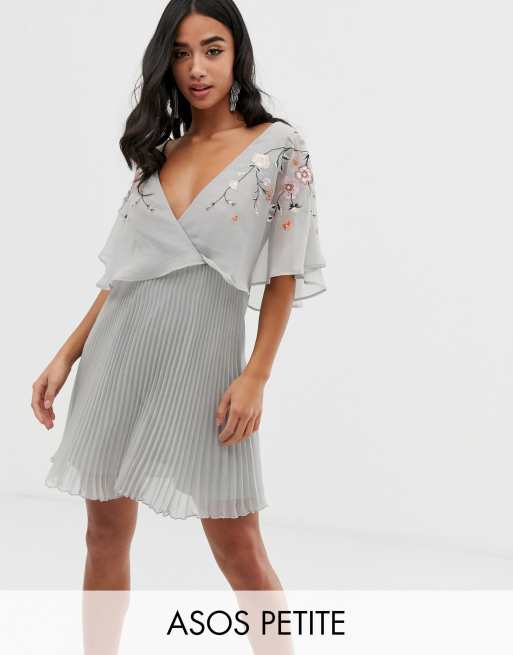 ASOS DESIGN Petite flutter sleeve mini dress with pleat skirt in embroidery