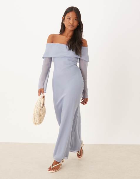 ASOS DESIGN Petite fold over bardot midi dress in dusky blue - view 1