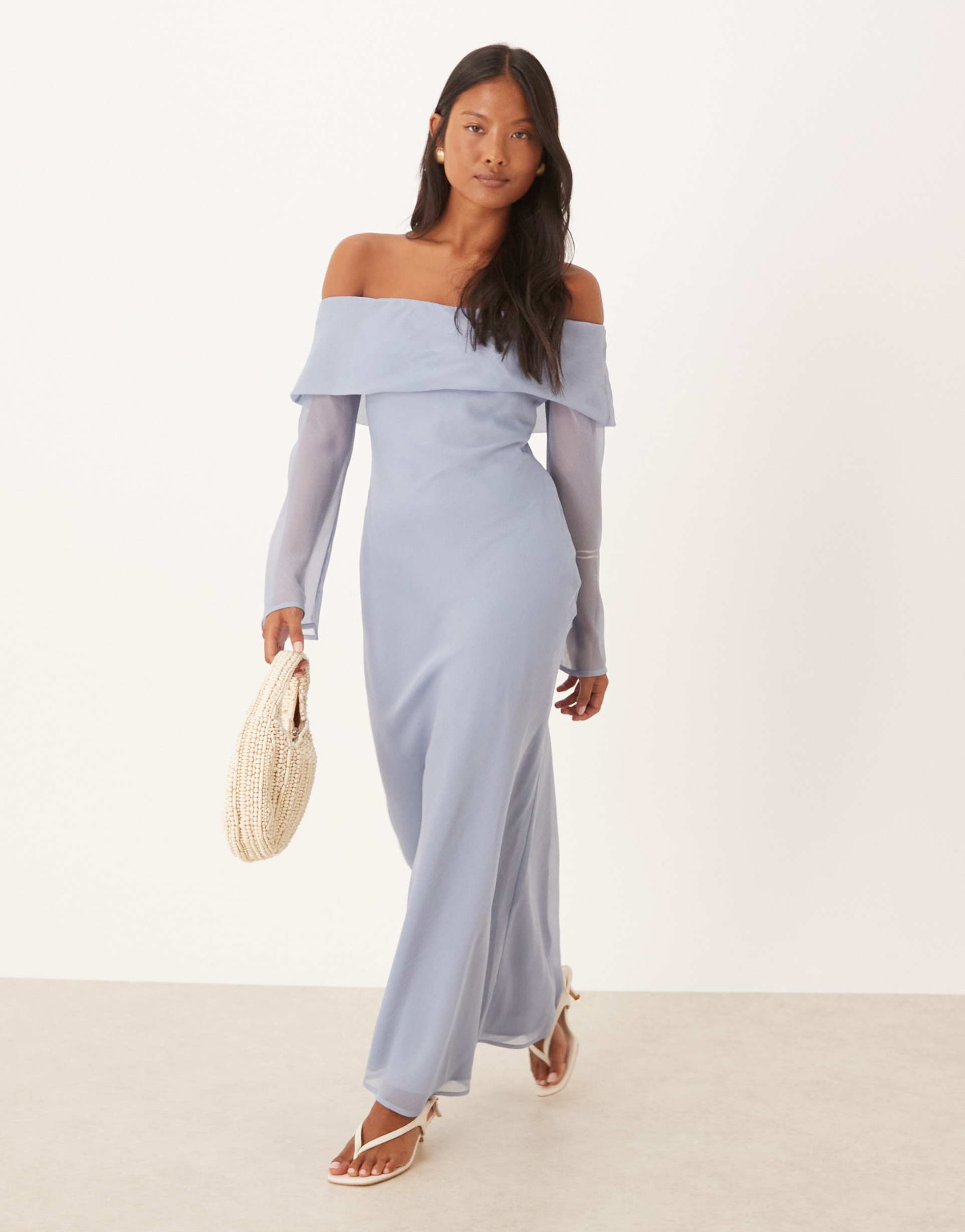 asos design petite fold over bardot midi dress in dusky blue