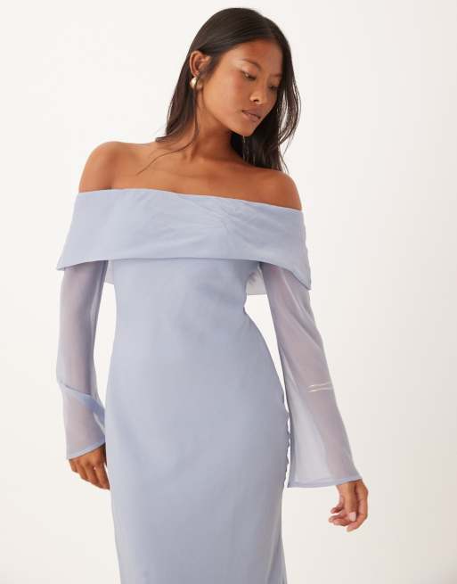 ASOS DESIGN Petite fold over bardot midi dress in dusky blue