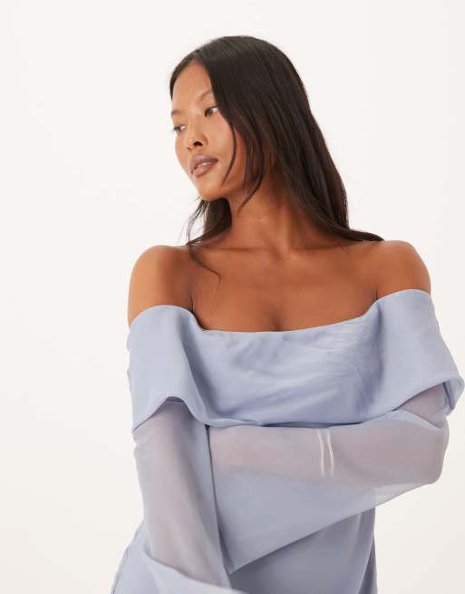 ASOS DESIGN Petite fold over bardot midi dress in dusky blue