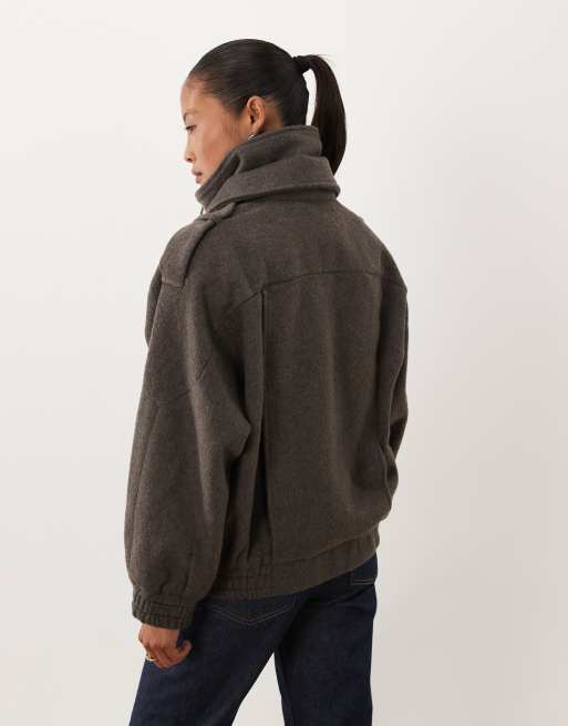 ASOS DESIGN Petite formal oversized biker jacket with wool in charcoal, 4 of 4