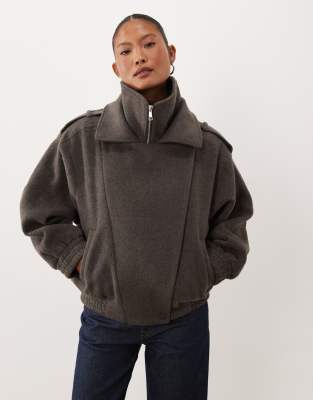 Asos Petite Asos Design Petite Formal Oversized Moto Jacket With Wool In Gray