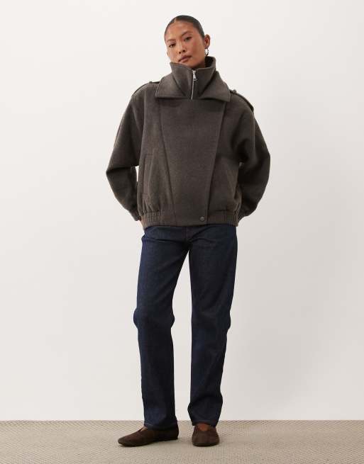 ASOS DESIGN Petite formell oversized bikerjacka med ull i kolgrått, 3 av 4