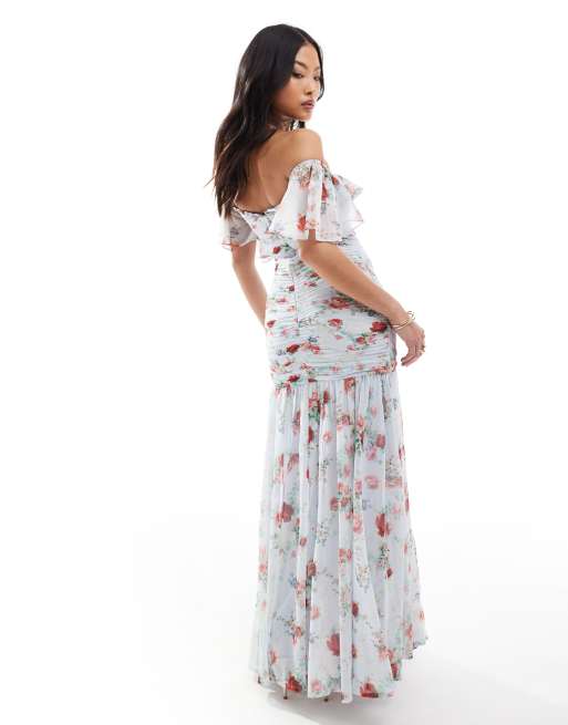 Floral frill bardot dress best sale