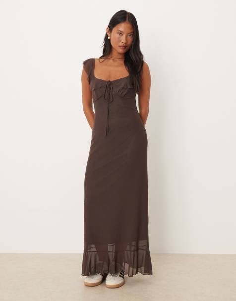 ASOS DESIGN Petite frill front and straps midi dress in brown - view 1