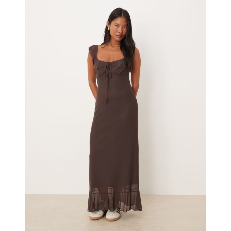 ASOS DESIGN Petite frill front and straps midi dress in brown | ASOS