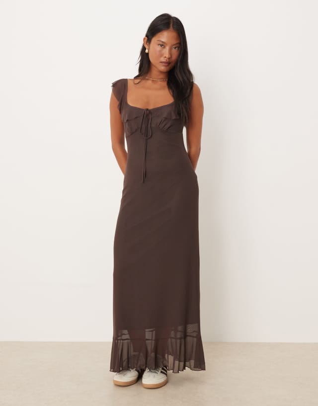 ASOS DESIGN Petite frill front and straps midi dress in brown