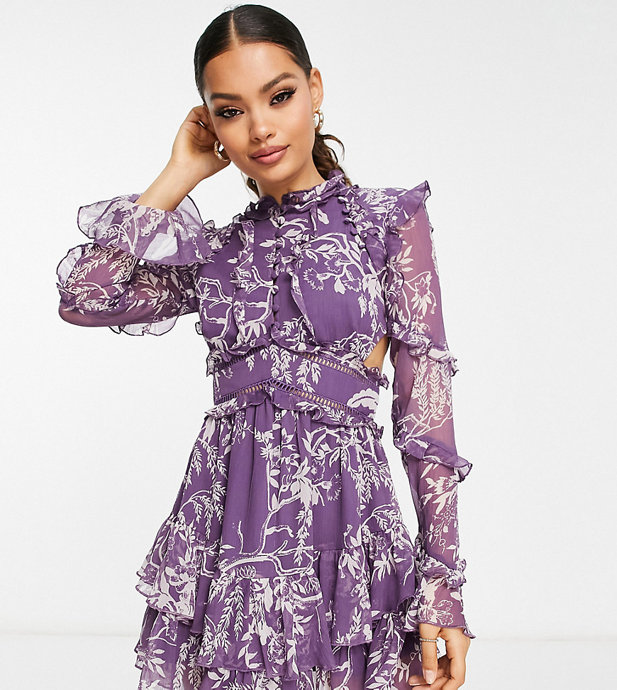ASOS DESIGN Petite frill mini dress with button detail in purple floral print-Multi