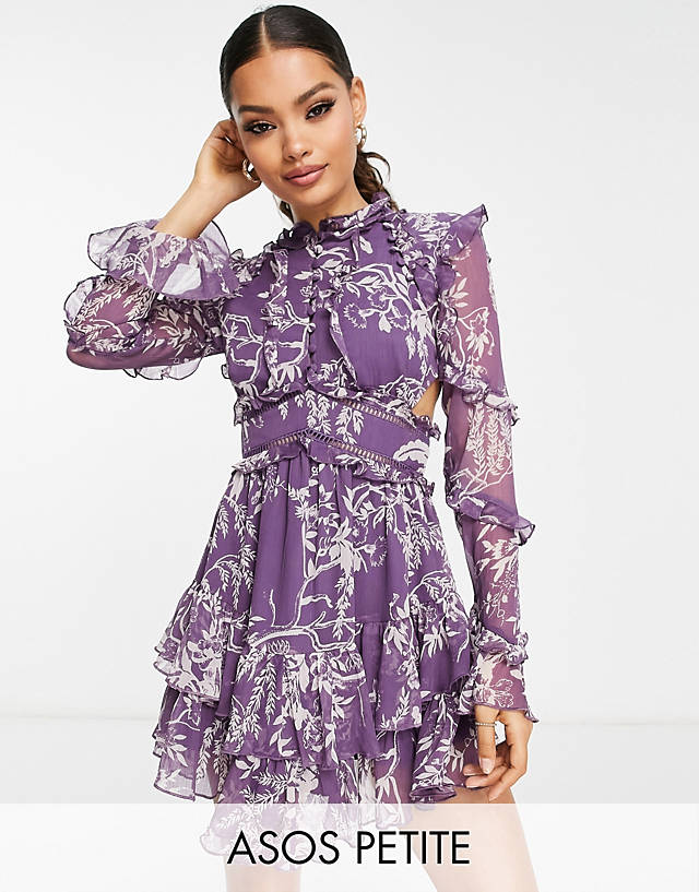 ASOS DESIGN Petite frill mini dress with button detail in purple floral print