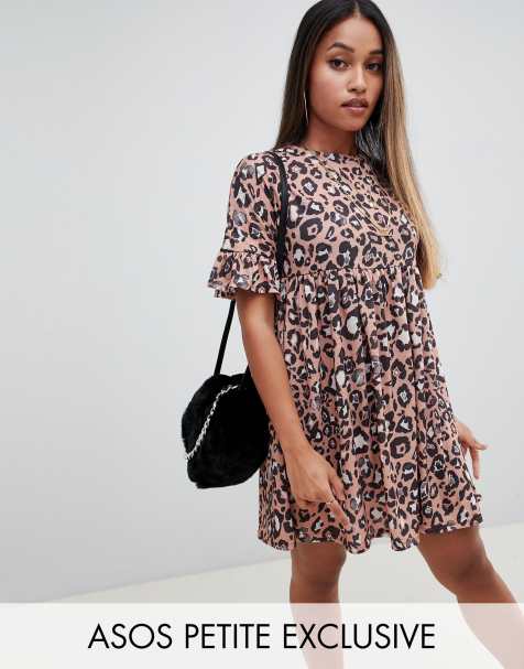ASOS DESIGN Petite frill sleeve smock dress in leopard print