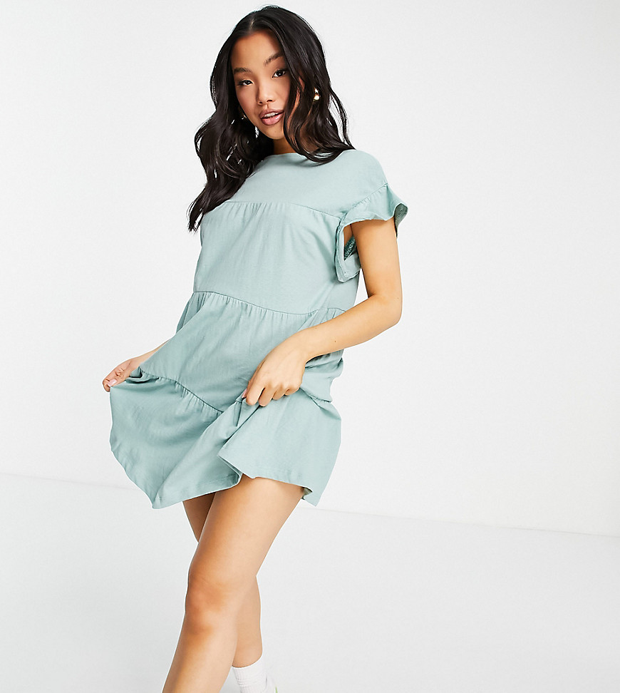 Asos Design Petite Frill Sleeve Tiered Smock Dress In Sage-Green