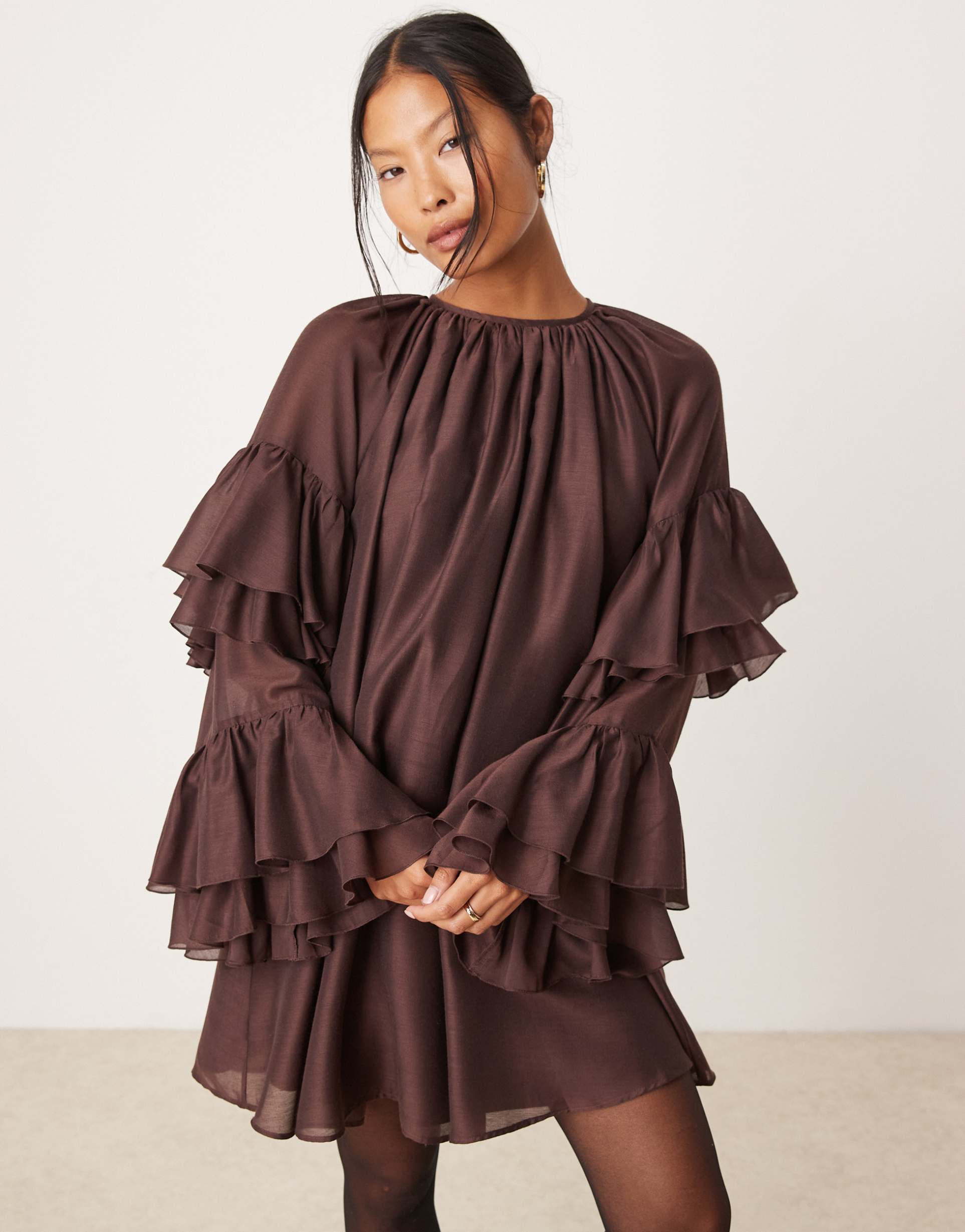 asos design petite frill sleeve voile mini dress in chocolate