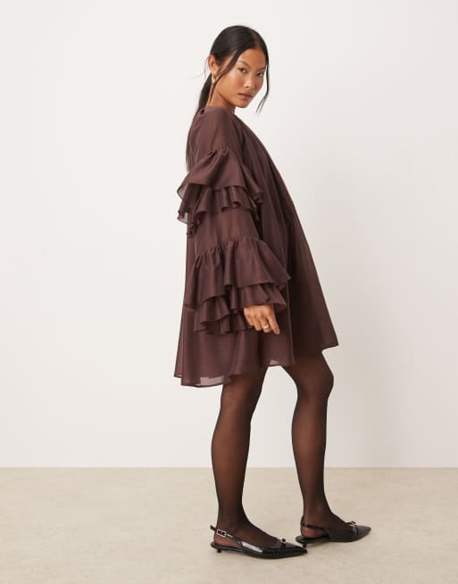 ASOS DESIGN Petite frill sleeve voile mini dress in chocolate 