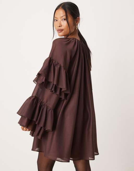 ASOS DESIGN Petite frill sleeve voile mini dress in chocolate 