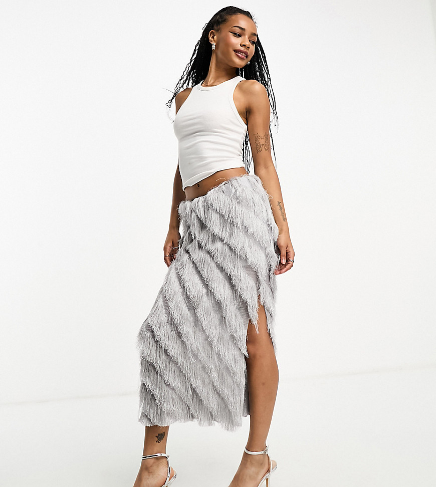 Asos Petite Asos Design Petite Fringe Midi Skirt In Silver